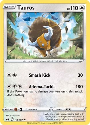 Tauros 106 - Reverse Holofoil SWSH Crown Zenith - Rare